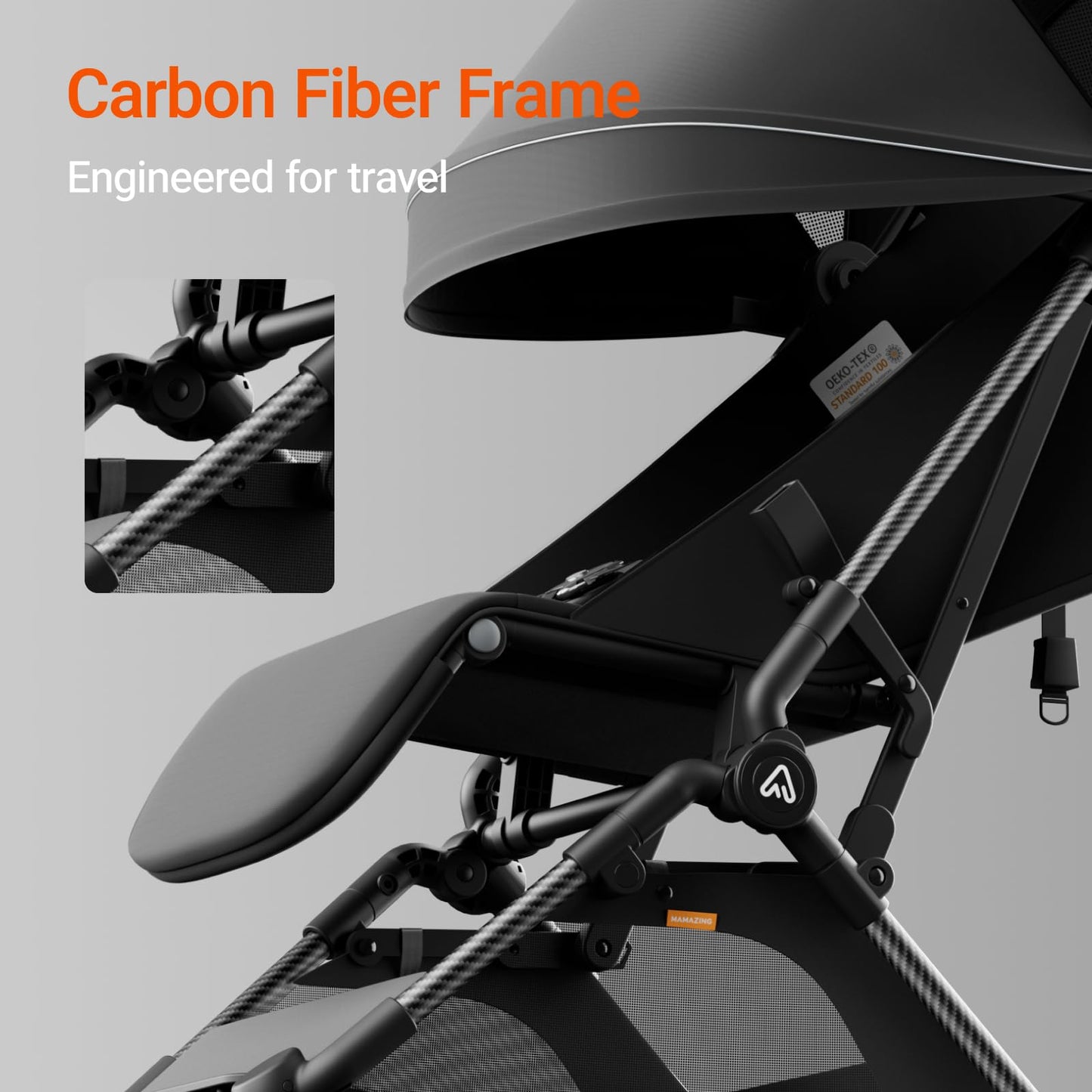 Black stroller with carbon fiber frame feature highlighted on a gray background