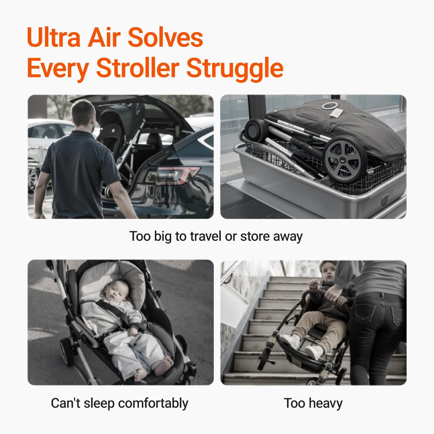 Product advertisement for Ultra Air stroller highlighting issues with other strollers.
