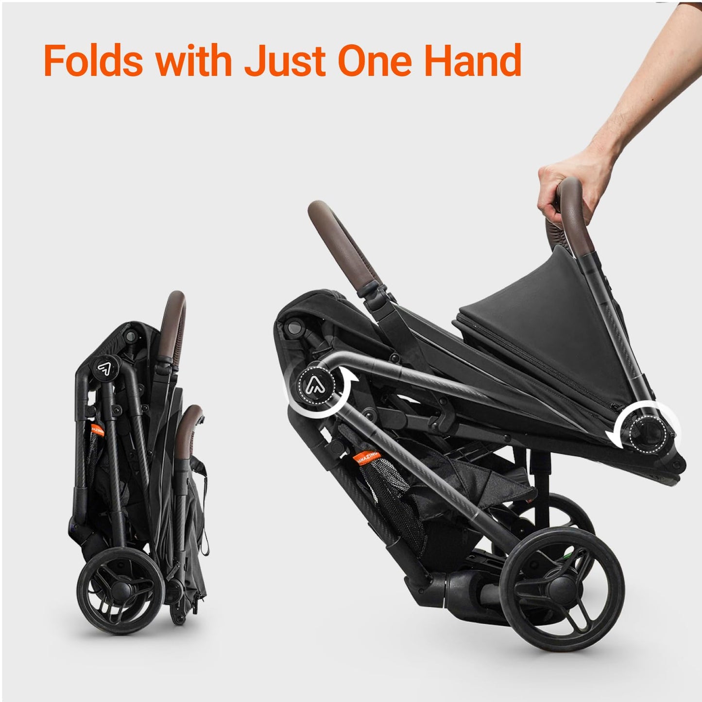 Foldable stroller with text 'Folds with Just One Hand' on a light gray background