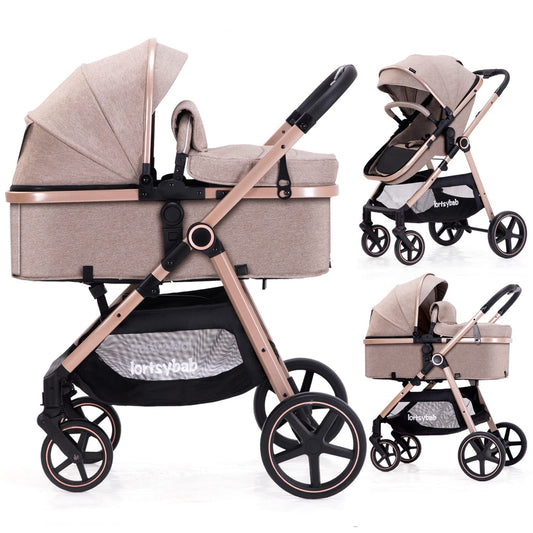 Baby stroller with beige canopy and rose gold frame on a white background