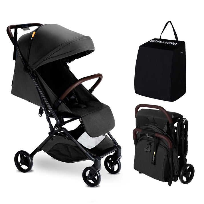 Black stroller with matching bag and backpack on a white background